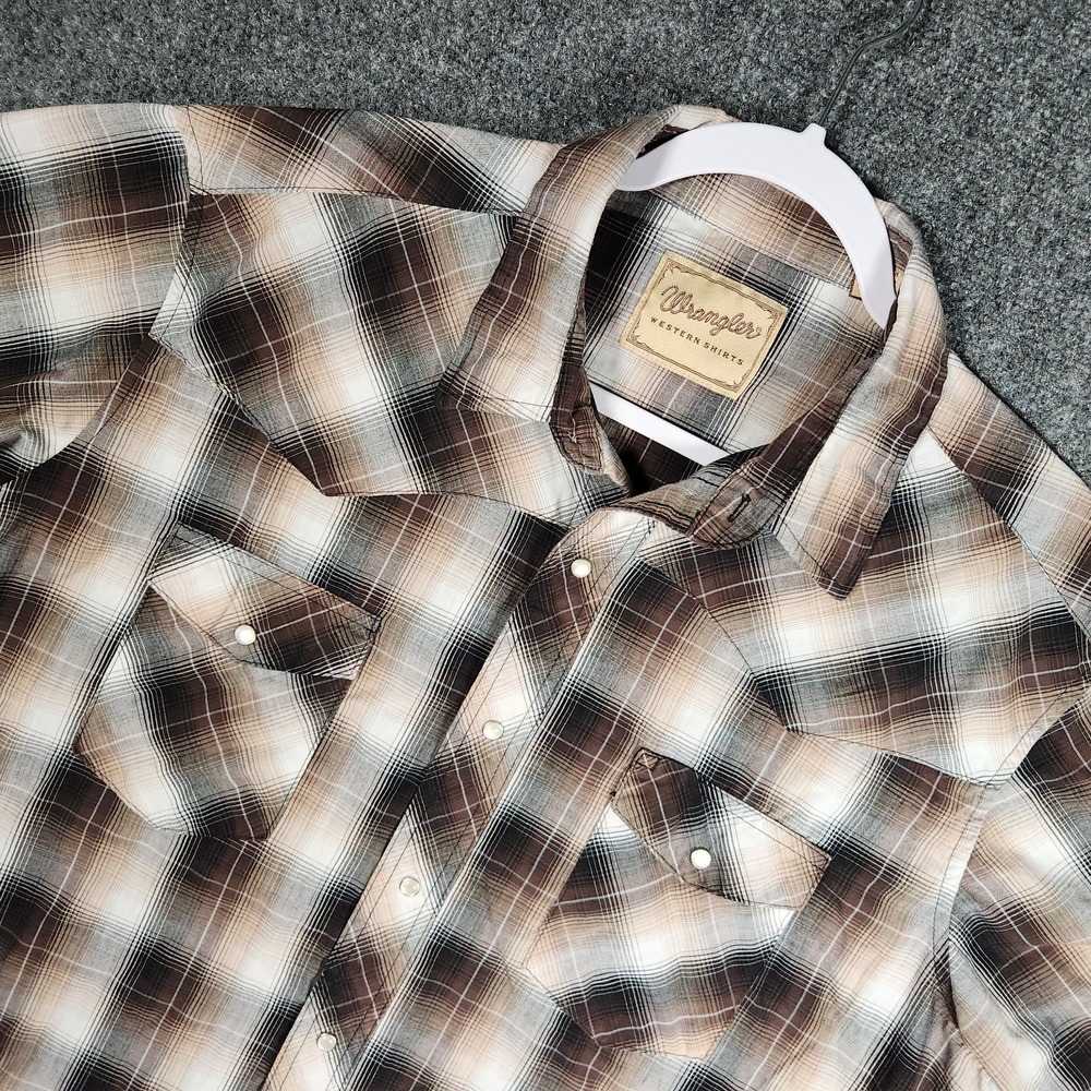 Wrangler Western Shirt Mens XL Brown Excellent Plaid Pearl Snap Short Sleeve